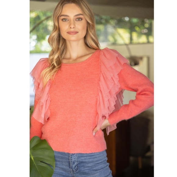 🌟 “The Charlotte" Coral Layered Tulle Sweater Top - Picture 2 of 4
